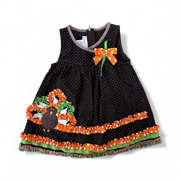 VTG Bonnie Baby Girl's 18M Thanksgiving Turkey Applique Polka Dot Corduroy Dress - Picture 2 of 8